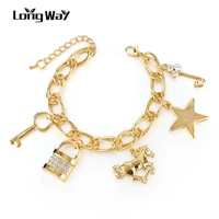 longway women gold color bracelet with star horse pendant lock key charm link chain bracelet pulseras sbr160106