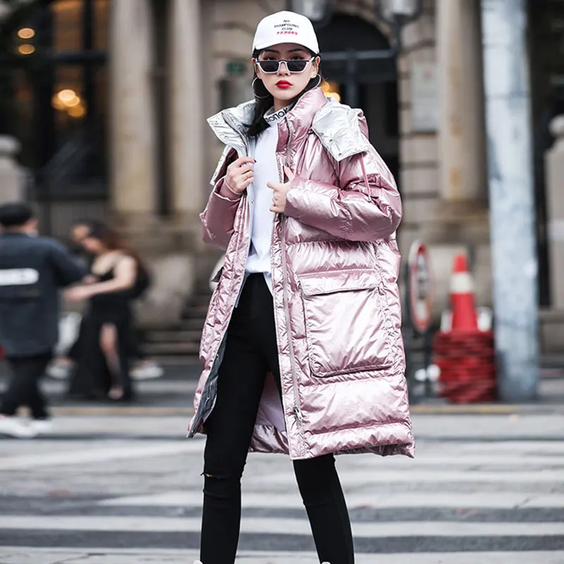 Pink Дымчато-голубое пуховое хлопковое пальто для женщин длинная куртка с капюшоном парки яркие утепленные стеганые куртки женская теплая верхняя одежда HS237 - Цвет: Pink