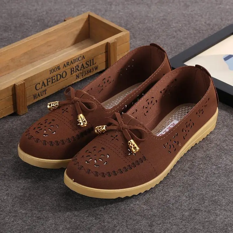 2019 Summer Fashion Soft Bottom Flat Hole Mesh Shoes Mother Old Beijing Cloth Bow Breathable Casual Driving | Обувь