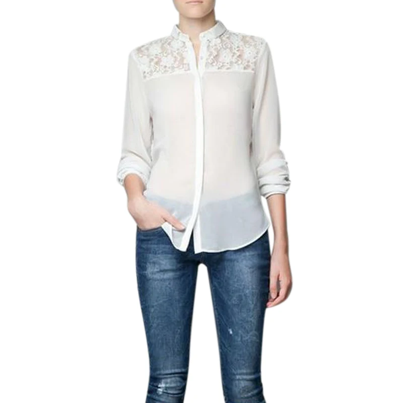 Женская шифоновая блузка с длинным рукавом и воротником стойкой|women chiffon blouse|chiffon