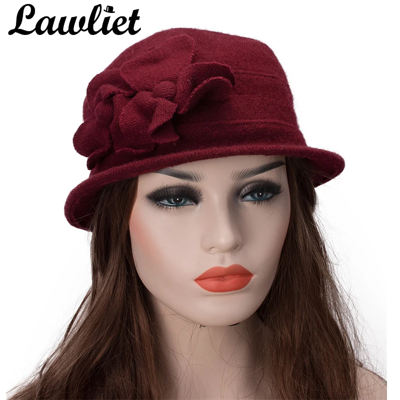 Lawliet, женские зимние шапки, одноцветные, с цветами, теплые, из чистой шерсти, кепка, для девушек, для женщин, Fedoras, Клош, шапки для дам, шапки для церкви, A218