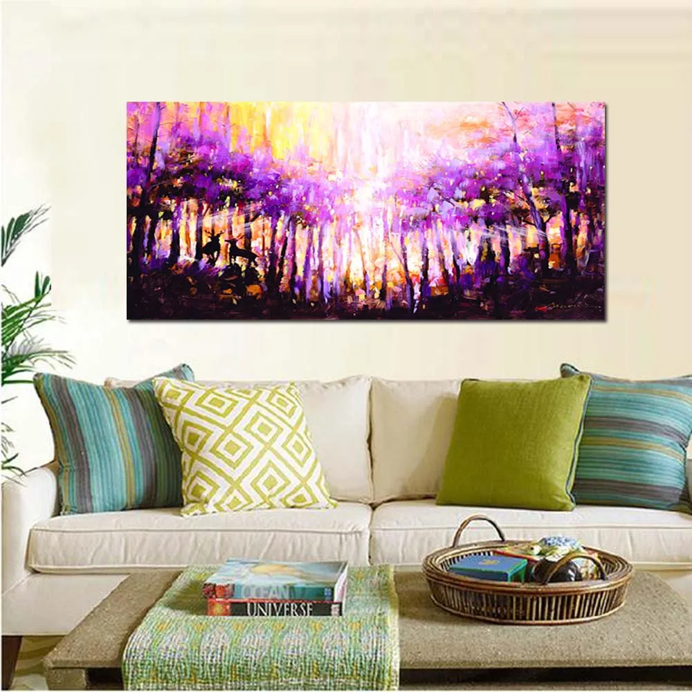 

Hand Painted Abstract Purple Forest Landscape Oil Painting on Canvas Wall Picture Living Room Bedroom Hotel Office Home Decor