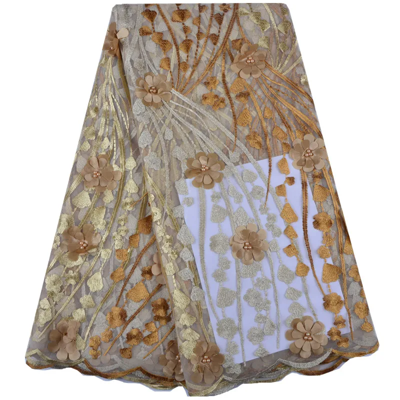 

African 3D Flower Embroidered Tulle Lace Fabric With Pearls African Lace Fabric 2018 Gold French High Quality Lace Fabric S1392