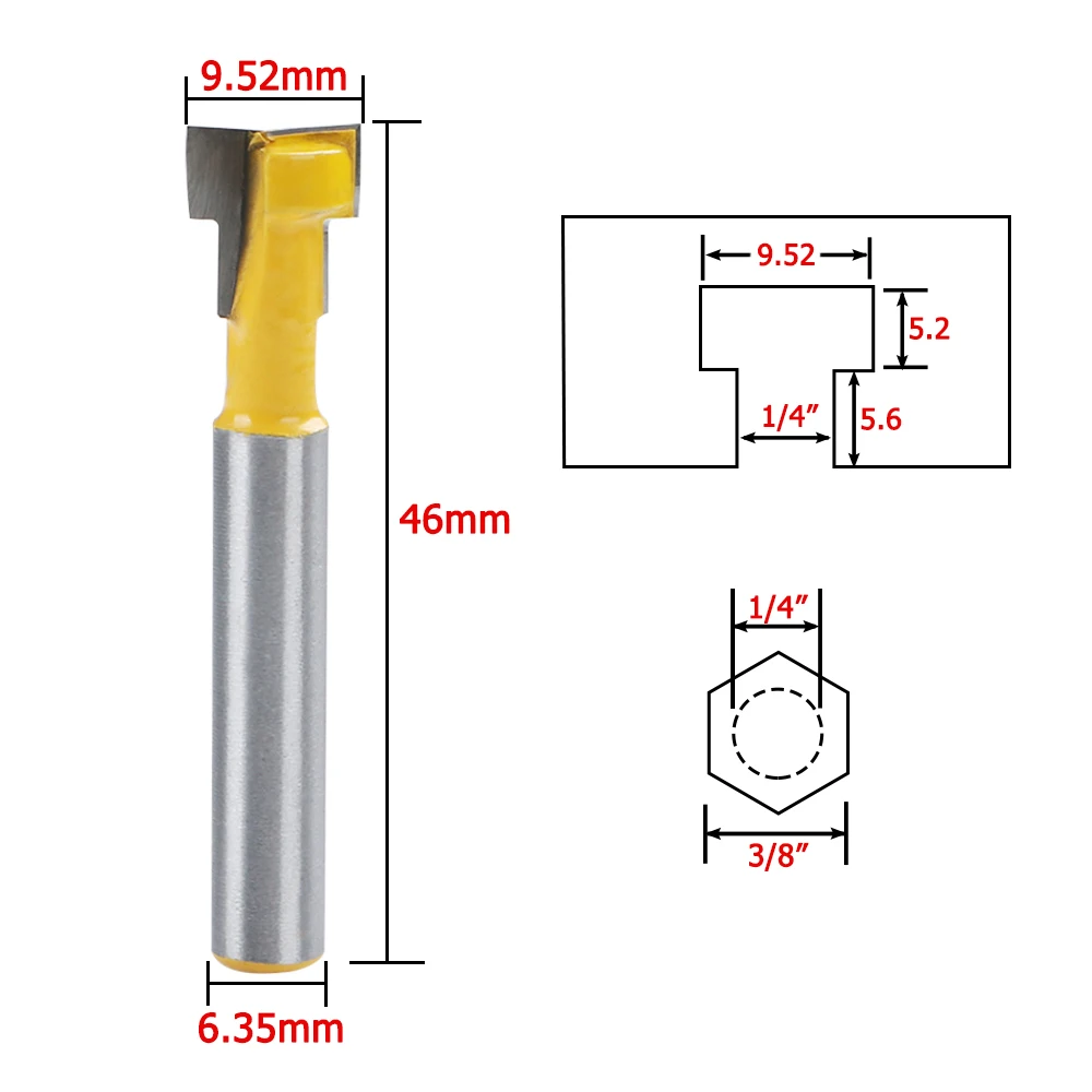 1/4Inch T-Slot Shank Steel Handle Milling Woodworking Length Slotting Router Bit Yellow Lock Hole Woodwork Chisel Cutter Tool |