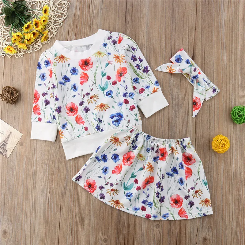 3Pcs Autumn Baby Girls Clothes Set 2018 Cute Toddler Girl Long Sleeve T-shirt Tops+Tutu Skirt Flower Printed Sets | Мать и ребенок