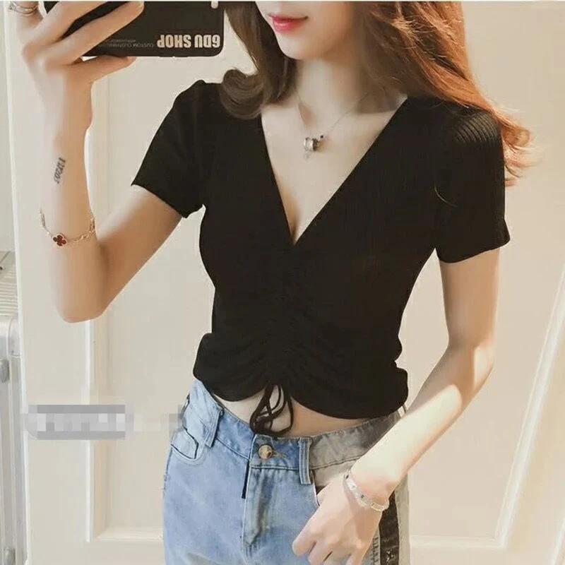 Женская футболка с коротким рукавом Новинка лета модная тонкая трикотажная V