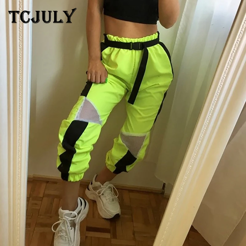Женские брюки с высокой талией TCJULY неоновые зеленые сетчатые карманами|Брюки| |