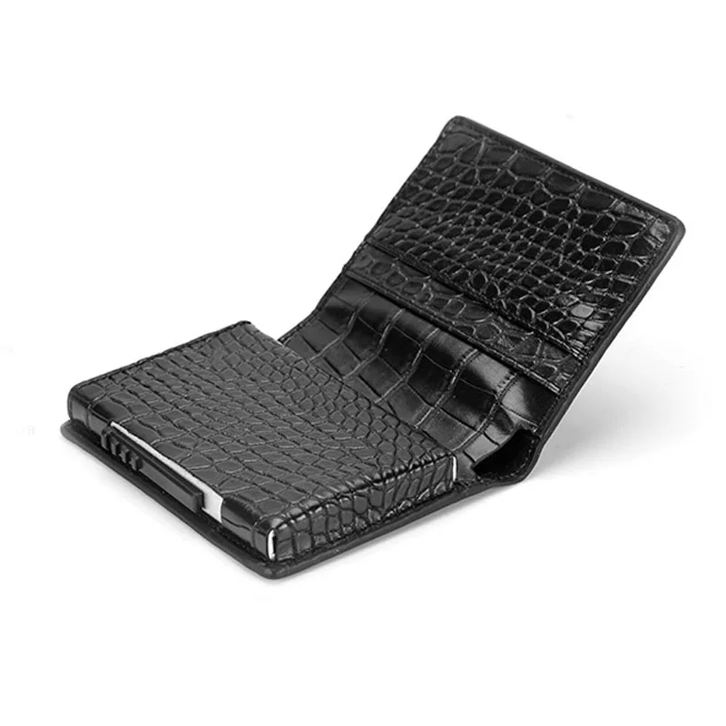 black crocodile RFID Блокировка металлический мужской алюминиевый сплав кредитный держатель для карт из искусственной кожи кошелек Противоугонный мужской кошелек автоматический всплывающий Чехол для карт - Цвет: black crocodile