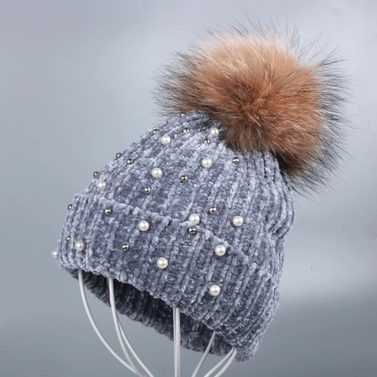 Mink Pom gray hat Женская шенилловая зимняя шапка с лисьим помпоном очень мягкая Высококачественная полосатая самодельная дизайнерская женская модная зимняя Шапка-бини - Цвет: Mink Pom gray hat