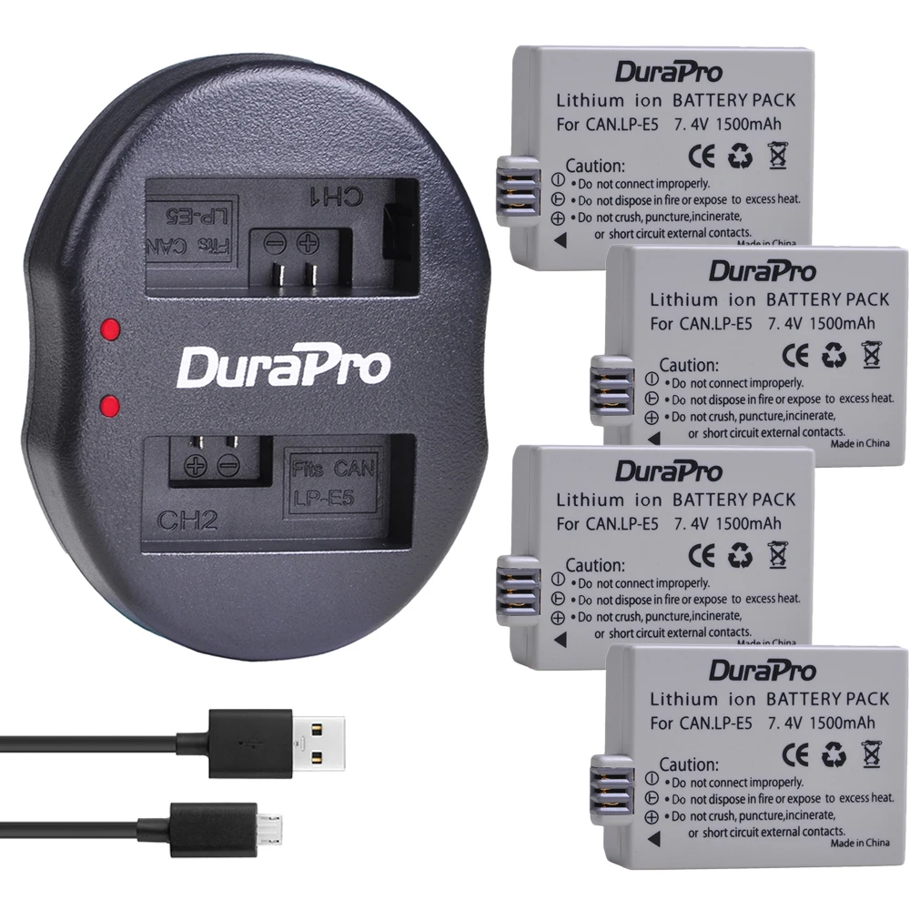 

DuraPro 4pcs 1500mAh LP-E5 LPE5 Battery+USB Dual Charger For Canon 500D,450D,1000D, EOS Rebel T1i, XS,XSi,Kiss X3,X2 Camera