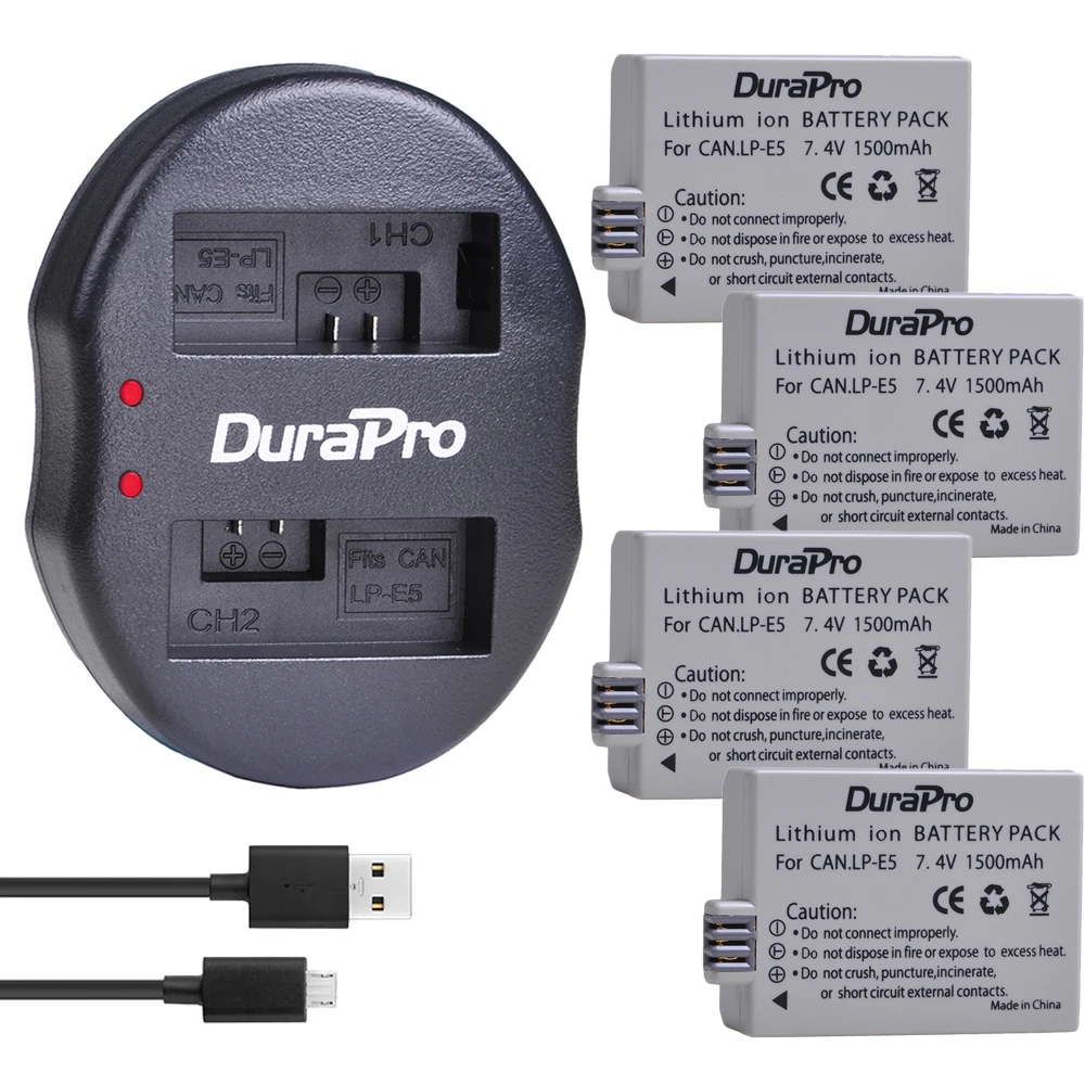 

DuraPro 4 шт. 1500 мАч LP-E5 LPE5 батарея + USB двойное зарядное устройство для Canon 500D,450D,1000D, EOS Rebel T1i, XS,XSi,Kiss X3,X2 камера