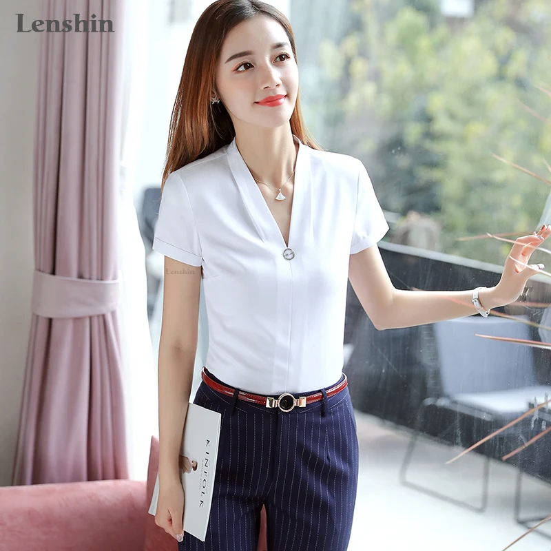 Lenshin белая рубашка с коротким рукавом и v-образным вырезом элегантная женская
