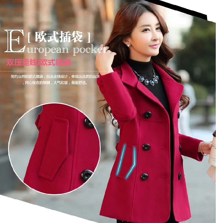 Женское двубортное шерстяное зимнее пальто с длинными рукавами и лацканами