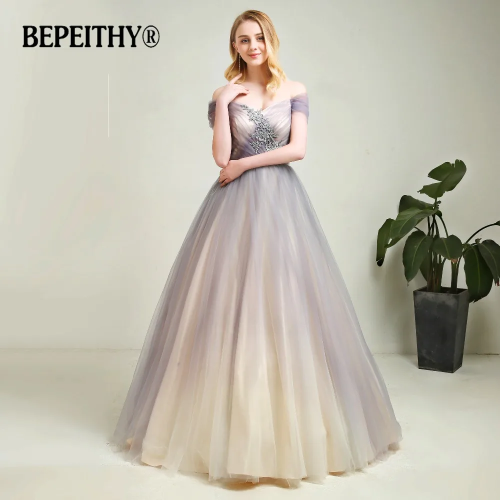 Новое поступление серое длинное вечернее платье из тюля с градиентом и кружевом