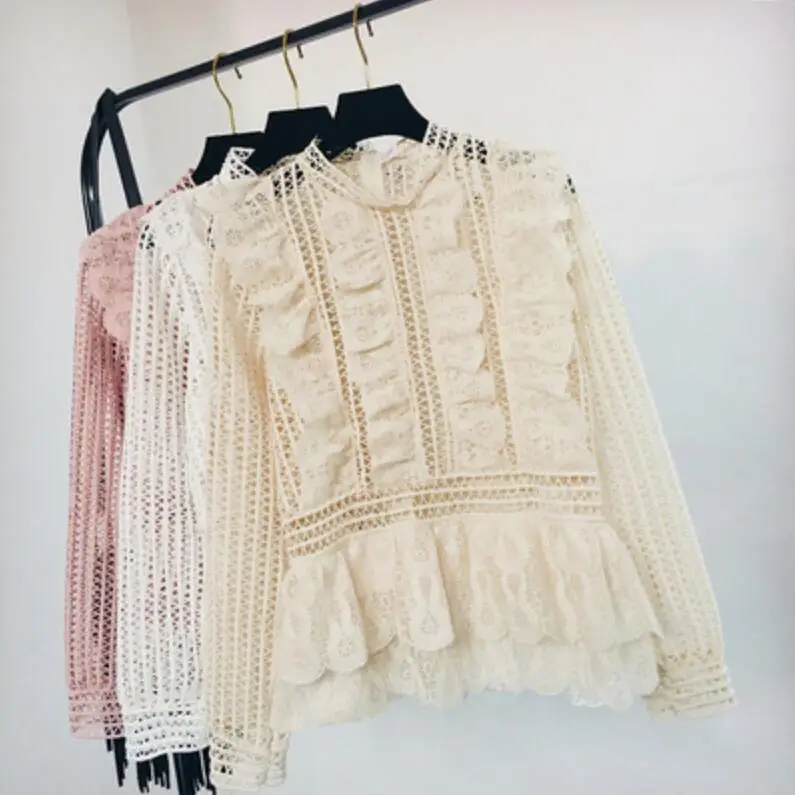 Кружевные плиссированные блузки с объемным рисунком лотоса многослойные