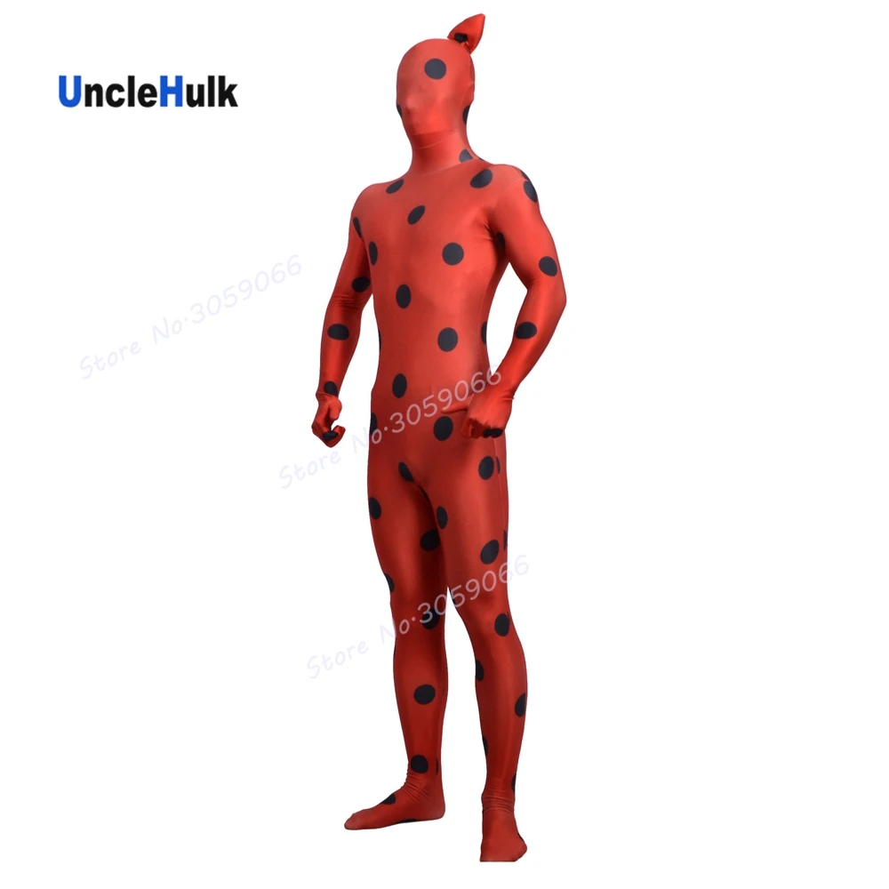 Черный костюм Zentai в горошек из красного спандекса с кошачьими ушками и хвостом |