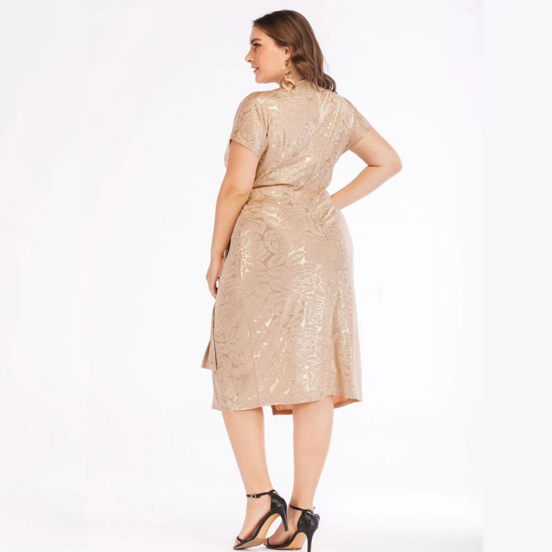 XL-4XL Plus size Women Summer Party Dress Large size Retro Gold V Neck Dress Female Sexy Flower Long Wrap Dress Vestidos