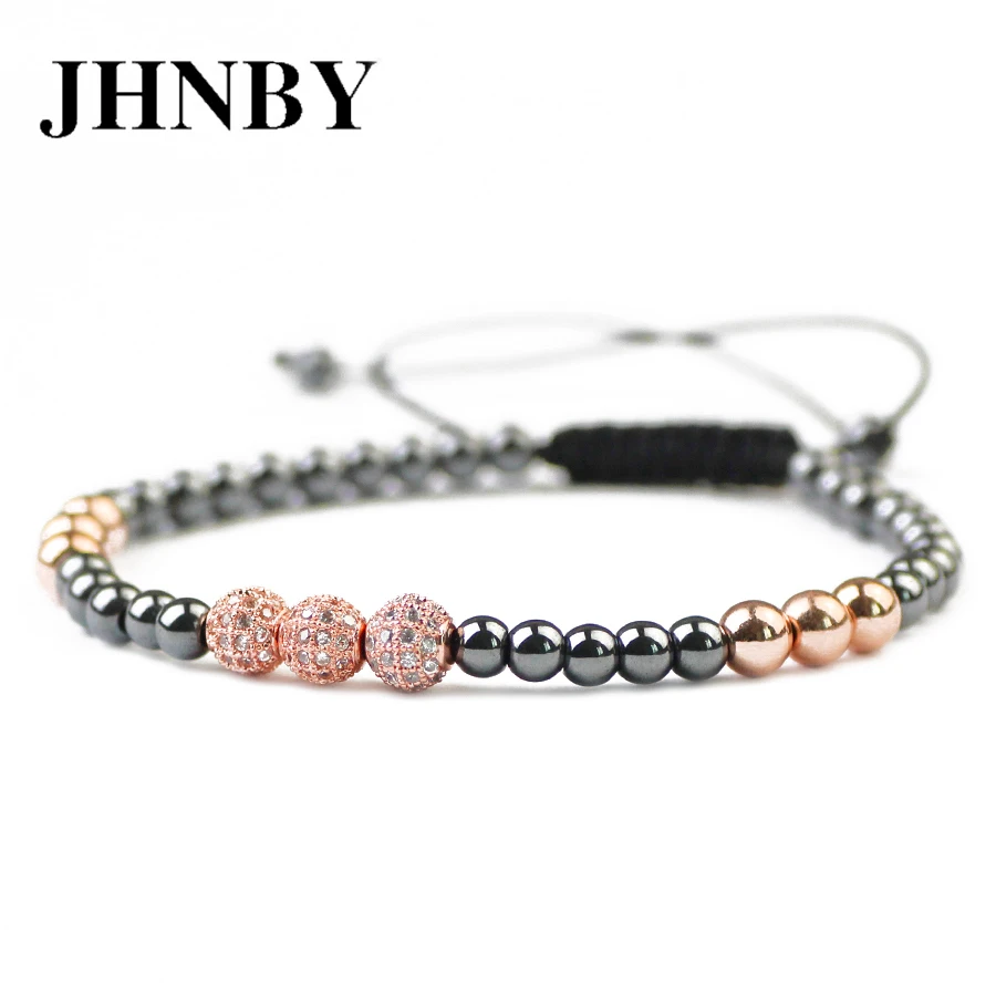 JHNBY Ball 4/5mm Hematite Beads Pave CZ Men Charm Copper Bracelet Rose Gold Color Trendy Women Braided Rope Bangle Jewelry Gift | Украшения