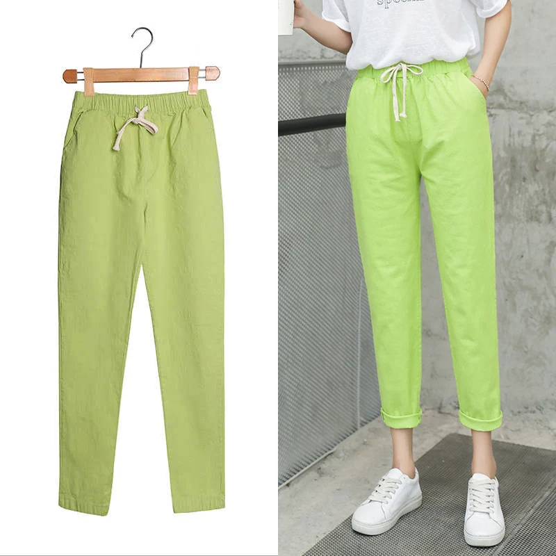 Брюки султанки Женские однотонные хлопково льняные штаны с завышенной талией