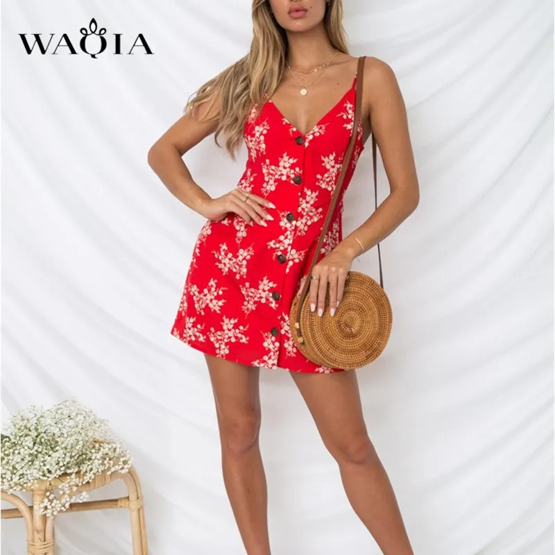 Waqia 7 цветов плюс размер новые женские Boho Спагетти Мини платья с пуговицами