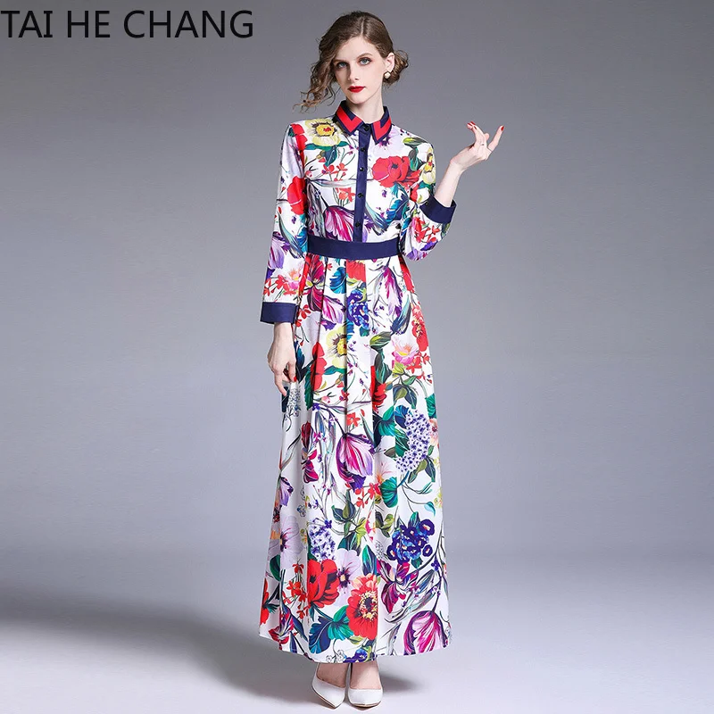 

Women Dress Summer Spring Elegant Slim Bodycon Vintage A-line Party Runway Formal Print Long Maxi Shirt Office Work Dresses