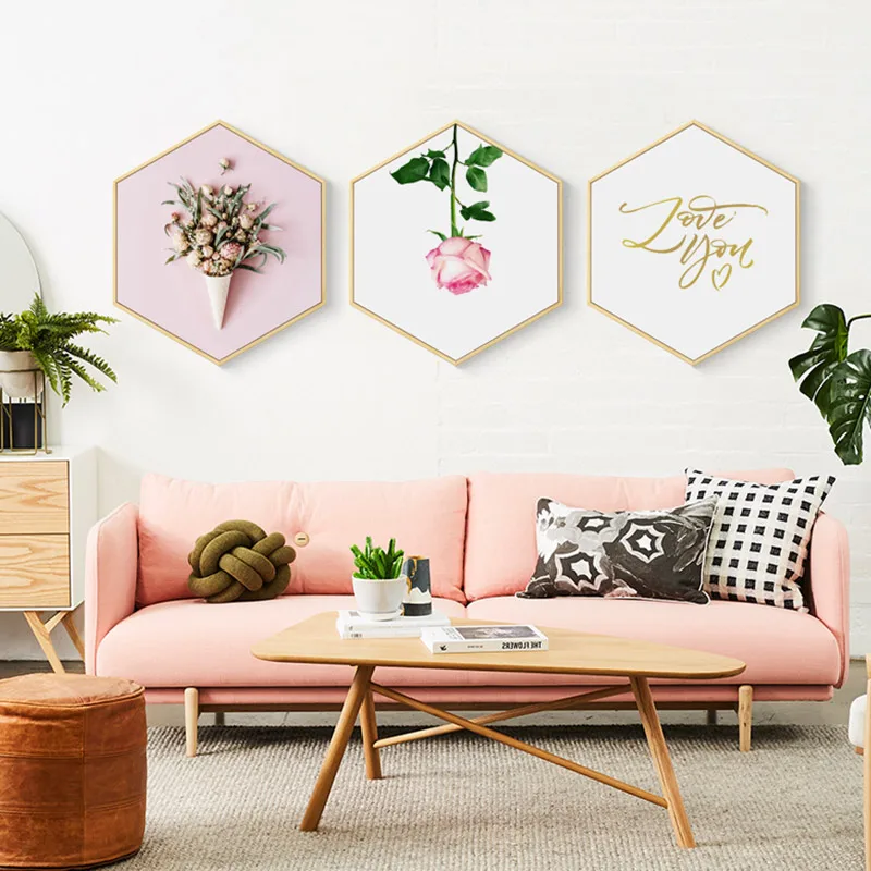 

No frame Modern Green Plant Pink Flower Canvas Painting Hexagon Poster And Print Wall Picture For Living Room Girls Home Decor