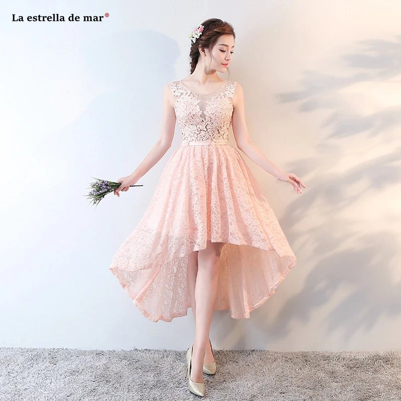 Vestido madrinha Новинка года кружево бриллиантами открытой спиной Персик Высокая Низкая платья подружек невесты чай Длина Гаун pesta dewasa на заказ