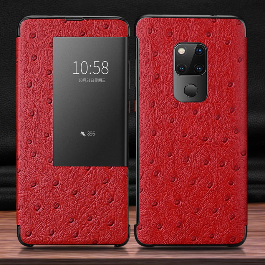 Смарт-чехол P30pro с окошком для сенсорного экрана для huawei P30 mate 20 10 P20 Pro Роскошный чехол из натуральной кожи с узором страуса - Цвет: Red