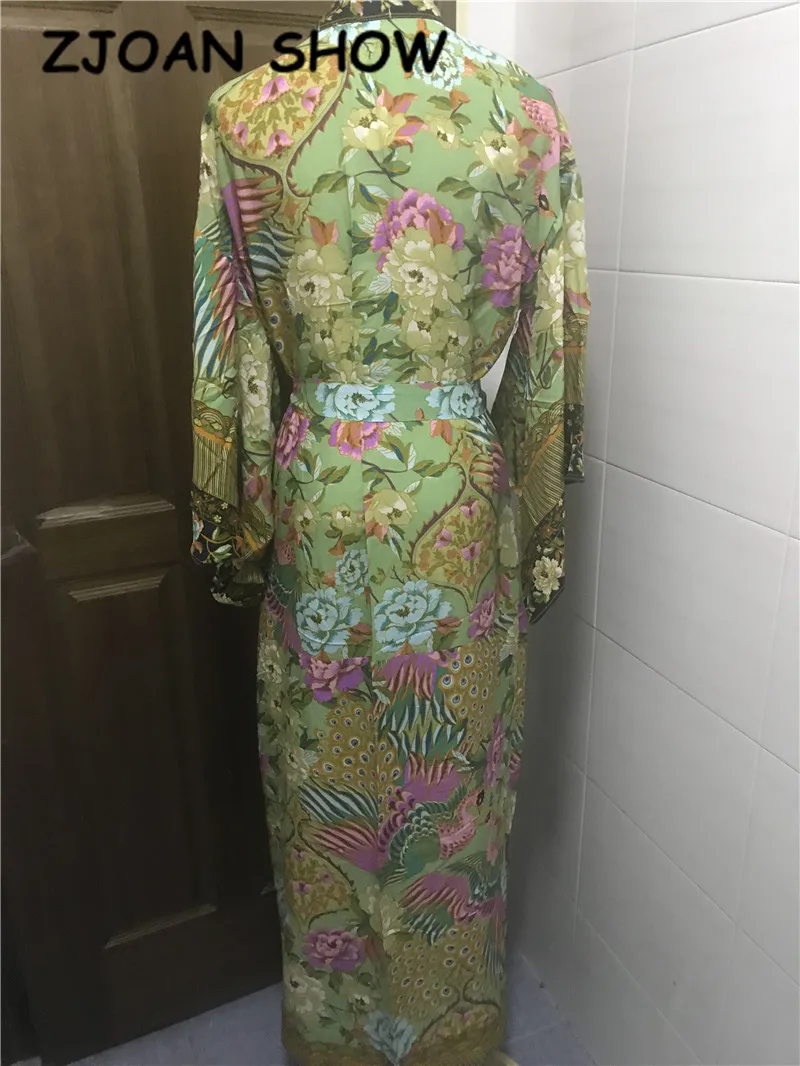 Женское кимоно с цветочным принтом длинная рубашка V образным вырезом и павлином