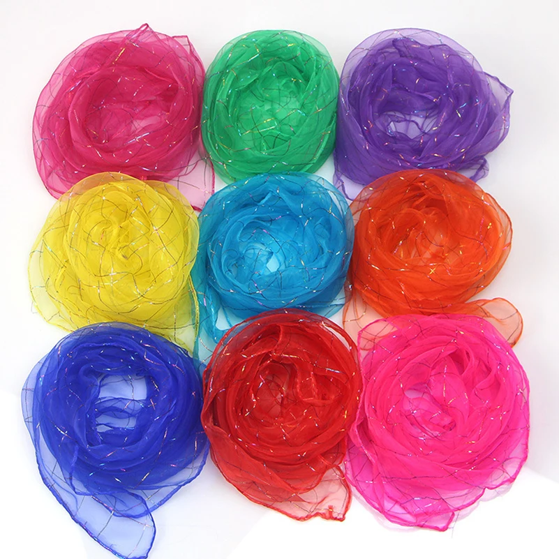 

Hot 60*60cm Solid Candy Color Gold Wire Scarfs Kerchief 20pcs/pack Chiffon Yarn Children Kindergarten Performance Dance Scarves
