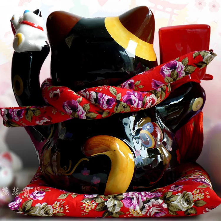 Черный Maneki Neko керамический счастливый кот с лютней домашний декор украшения креативные деловые подарки удача Кот Копилка фэншуй ремесло