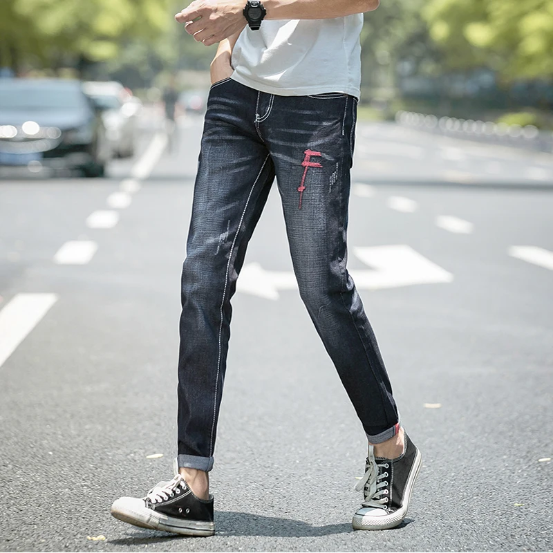 Новинка 2018 европейский стиль мужские облегающие джинсы с принтом потертые
