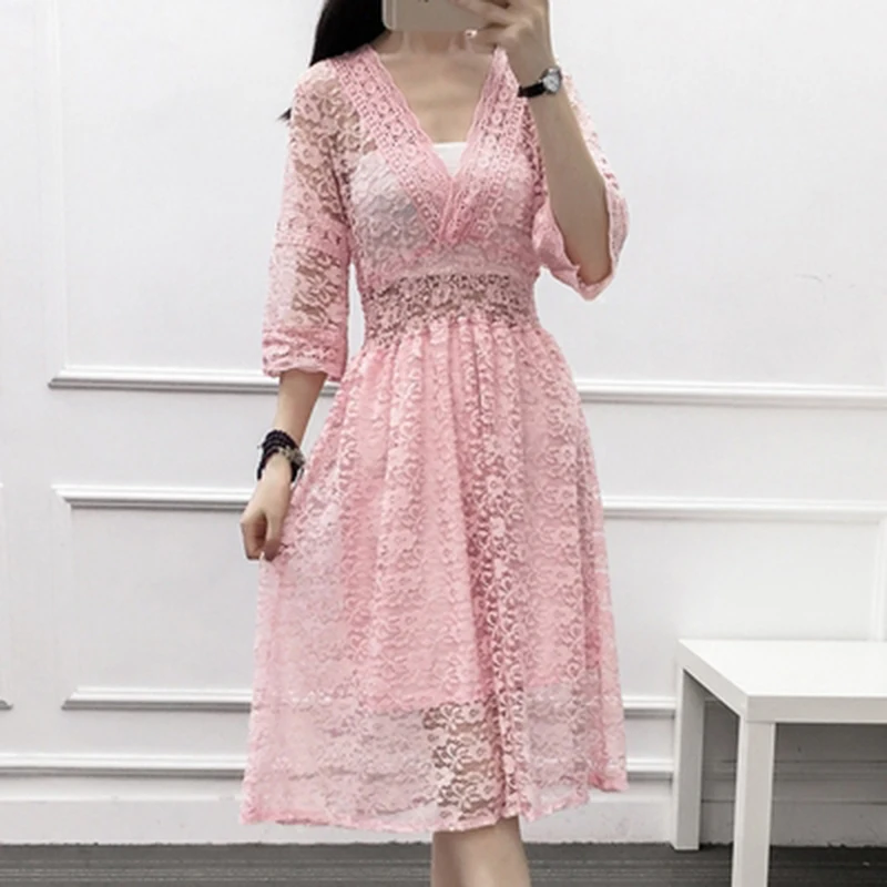 Новинка 2020 летнее свободное кружевное платье с коротким рукавом женское и