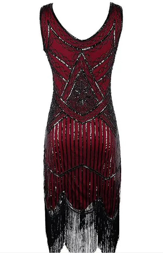Red Винтажное платье в стиле Грейт Гэтсби для женщин, 1920 s, сексуальный костюм без рукавов с v-образным вырезом на спине, с Блестками, Бисером, кисточками, вечерние платья в стиле арт-деко - Цвет: Red