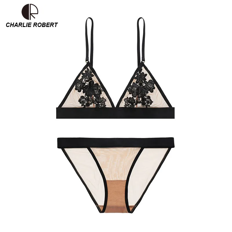 

CR Embroidery Sexy Bra Sets Wire Free Thin Cup Bra Comfortable Underwear For Women WI522 Free Shipping