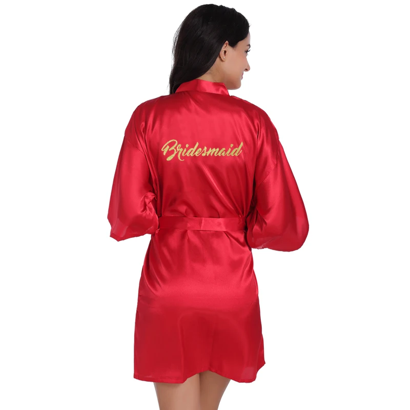 Red Bridesmaid Кимоно для невесты с золотым блестящим принтом и буквенным принтом, женское платье из искусственного шелка для девичника, свадебные вечерние халаты - Цвет: Red Bridesmaid