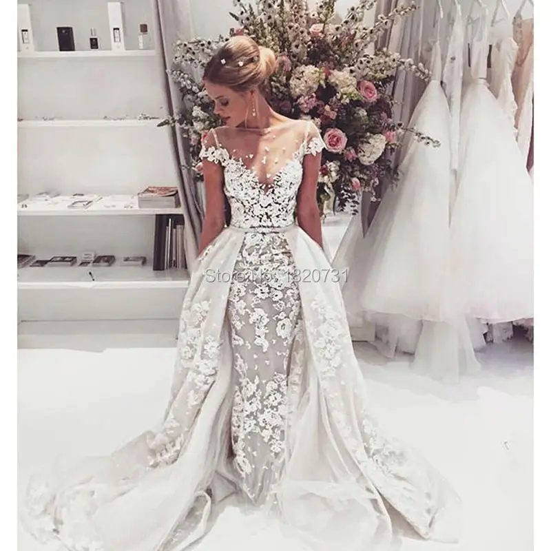 

2020 New Vestido De Noiva Mermaid Embroidered Lace On Net Wedding Dresses Scoop Neck Short Sleeves Bridal Gown Robe De mariee
