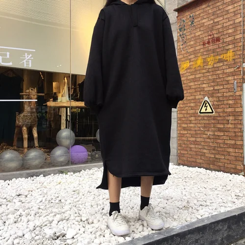 

New 2018 Women Autumn Casual Loose Long Hoodies Sweatshirt Long Sleeve Hooded Dress Fashion Solid Color Dresses Vestidos