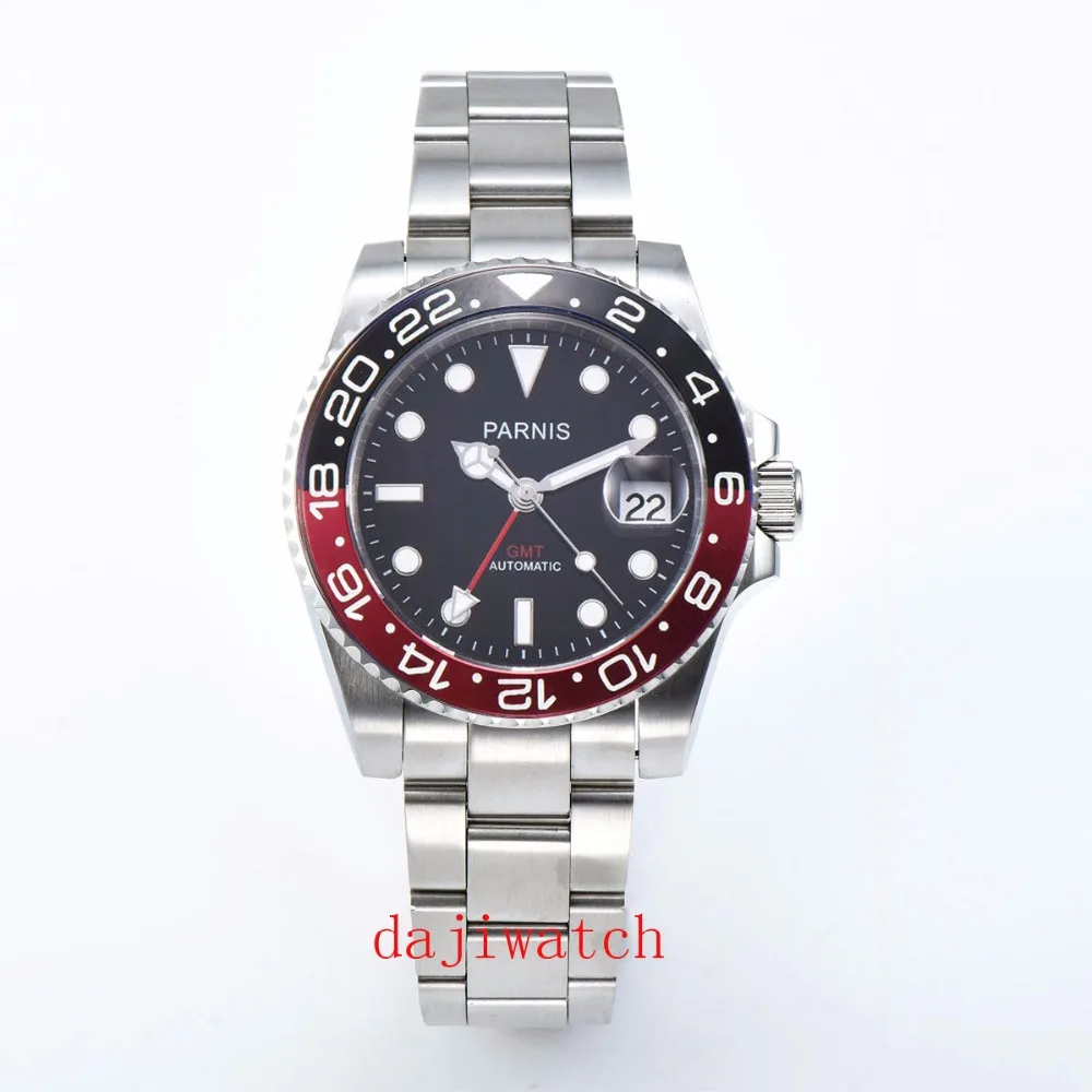 

40 мм Parnis механические часы черный красный Керамическая рамка черный циферблат Автоматические Мужские часы с сапфировым стеклом GMT светящие...