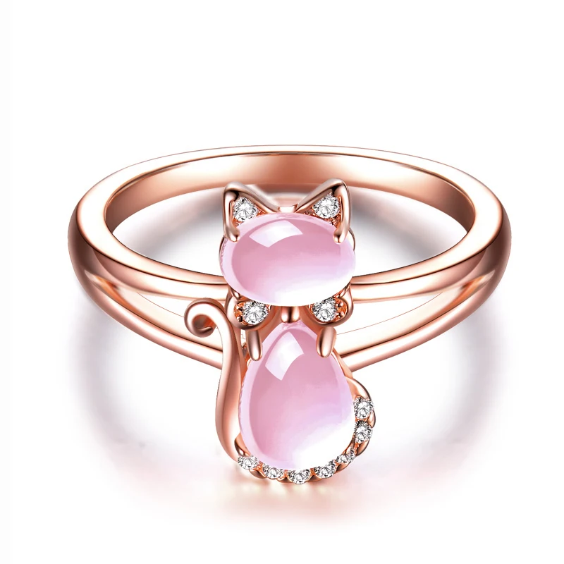Ociki Rose Gold Color CZ Crystal Ross Quartz Pink Opal Necklace Earrings and Ring Jewelry Set for Cute Cat Women Girls | Украшения и