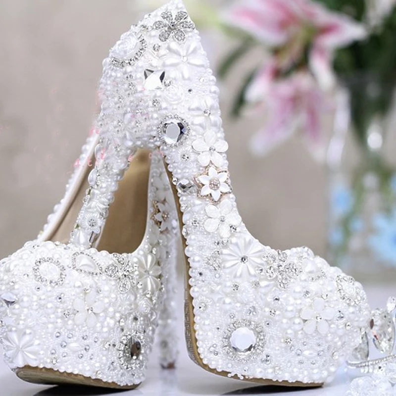 

Fashion White Pearl Crystal Bridal Wedding Heels Debutante Ball Party Shoes High-heeled Rhinestone Platform Amazing Prom Pumps