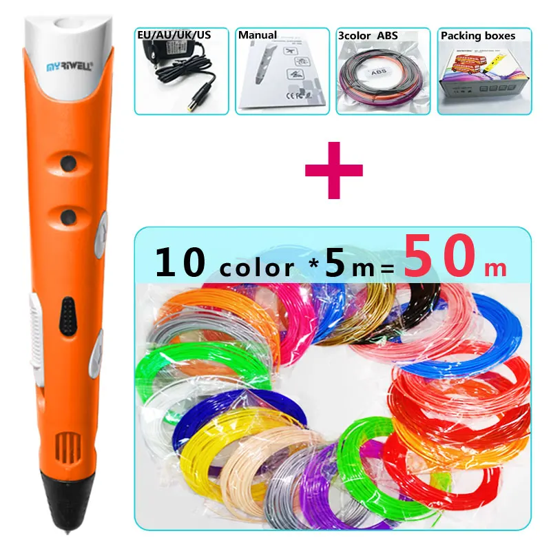 Orange pen Package 2 Myriwell 3d Ручка 3d ручки, 1,75 мм ABS/PLA нити, 3 d pen3d модель, Creative3d ручка doodler, лучший подарок для детей - Цвет: Orange pen Package 2