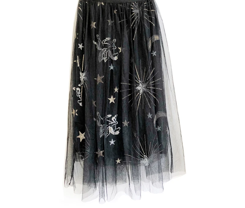 

Bella Philosophy Vintage Women High Waist Tulle Mesh Star Embroidery Pleated Floral Girls School Skirts Snowflake Printed
