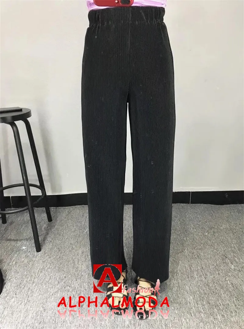 ALPHALMODA Летние Женские однотонные плиссированные широкие брюки с высокой талией женские модные брюки