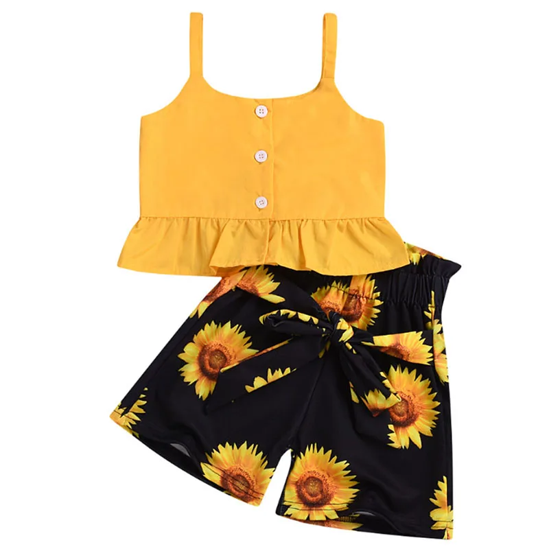 

2019 Baby Girls Clothes Set Summer Toddler Kids Sunflower Outfit Tank Top+Wide Leg Shorts 2pcs Children Clothing Set 2-6T