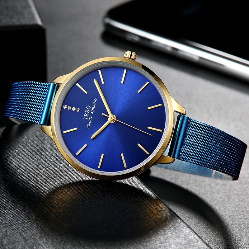 Роскошные Кварцевые часы IBSO из нержавеющей стали женские синие наручные 2019 с