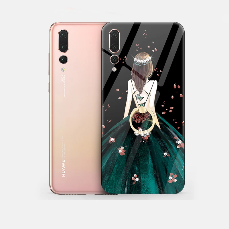 Чехлы из закаленного стекла для huawei P20 Pro чехол свадебной девочки Rhinestone Finger Ring P 20Pro