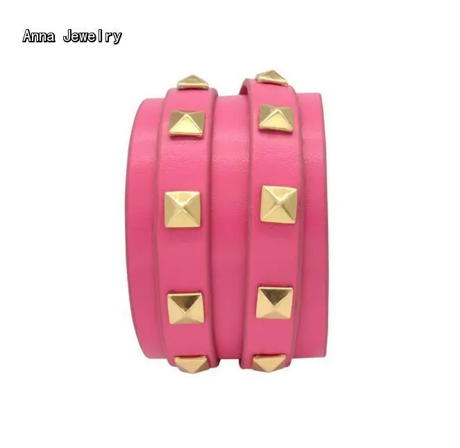 Элегантный кожаный браслет с заклепками из желтого золота розовая кожа золотыми