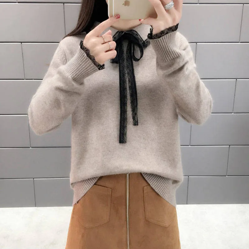Khaki VANGULL новые женские вязаные свитера весна осень короткие Лоскутные кружевные пуловеры с бантом под шею с длинным рукавом свитера - Color: Khaki