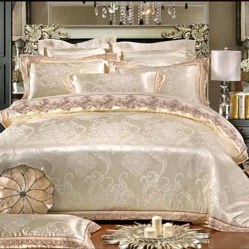 

Purple Jacquard bedding set luxury 4pcs Lace bedclothes bed sets Solid Satin duvet cover bed sheet pillowcases queen king size